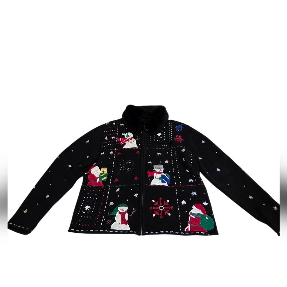 Erika Black Faux Fur Collar Beaded Embroidered Holiday Christmas Cardigan